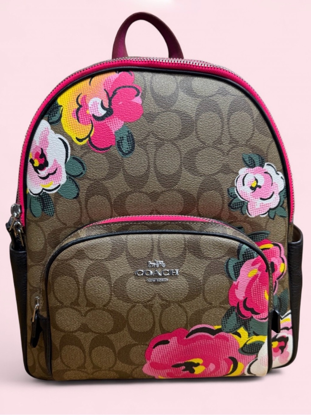Coach Brown Signature Canvas Backpack with Pink Floral Accents